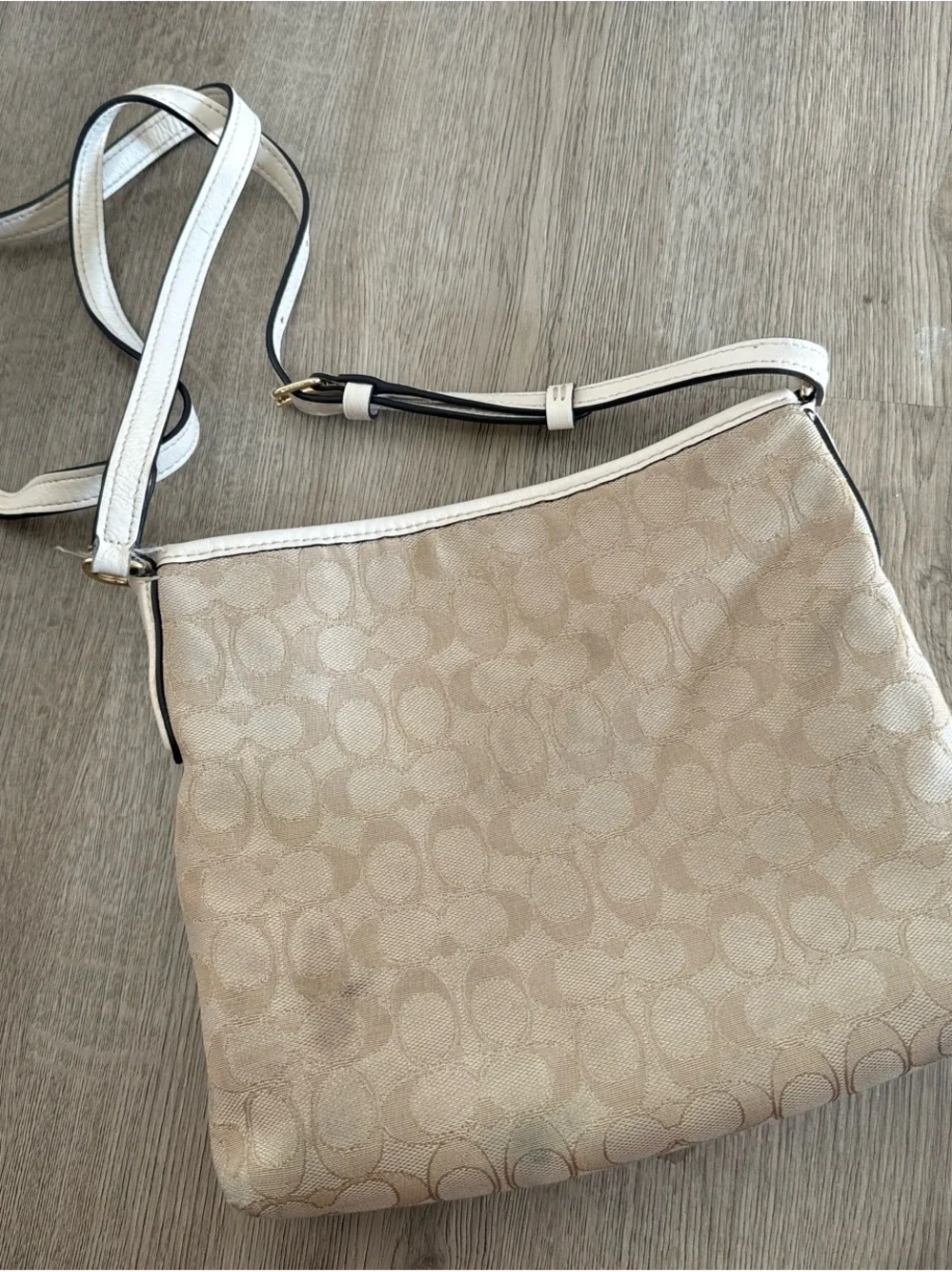 Coach Beige Signature Crossbody Bag with Gold Logo